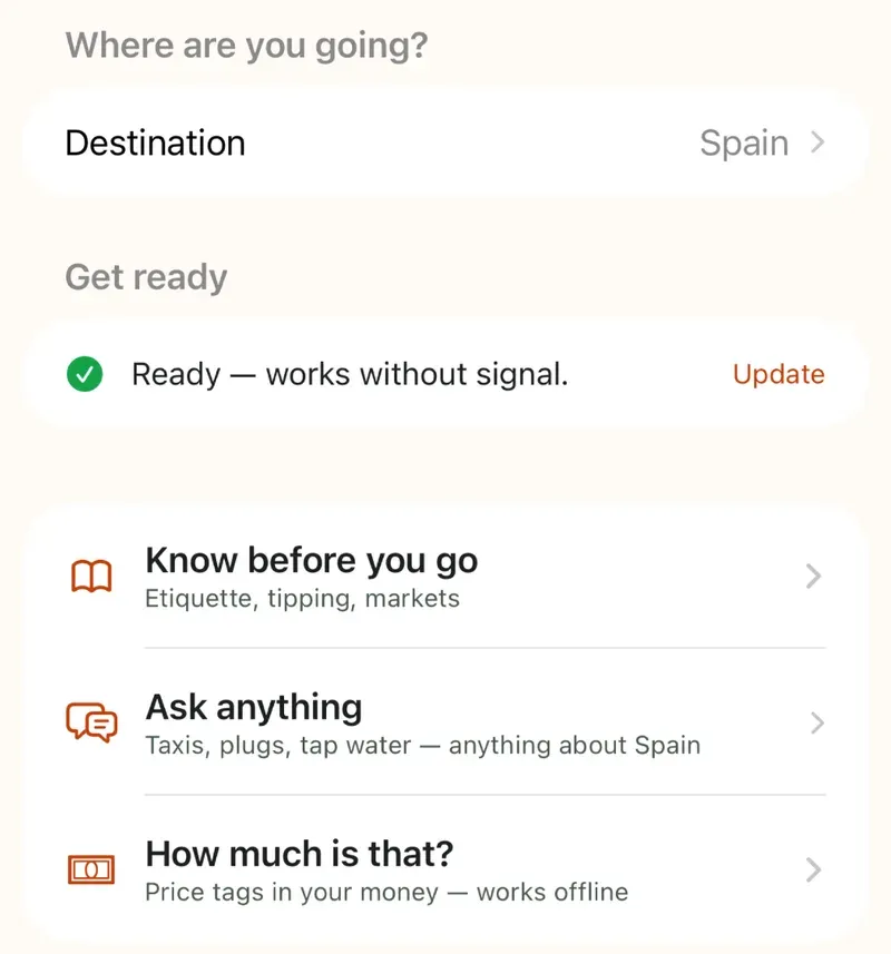 Flunqero's Trip tab on iPhone with Spain as the destination and its language ready to work without signal, above Know before you go and Ask anything (Pro features that need Apple Intelligence) and How much is that?, which checks price tags in your money offline.