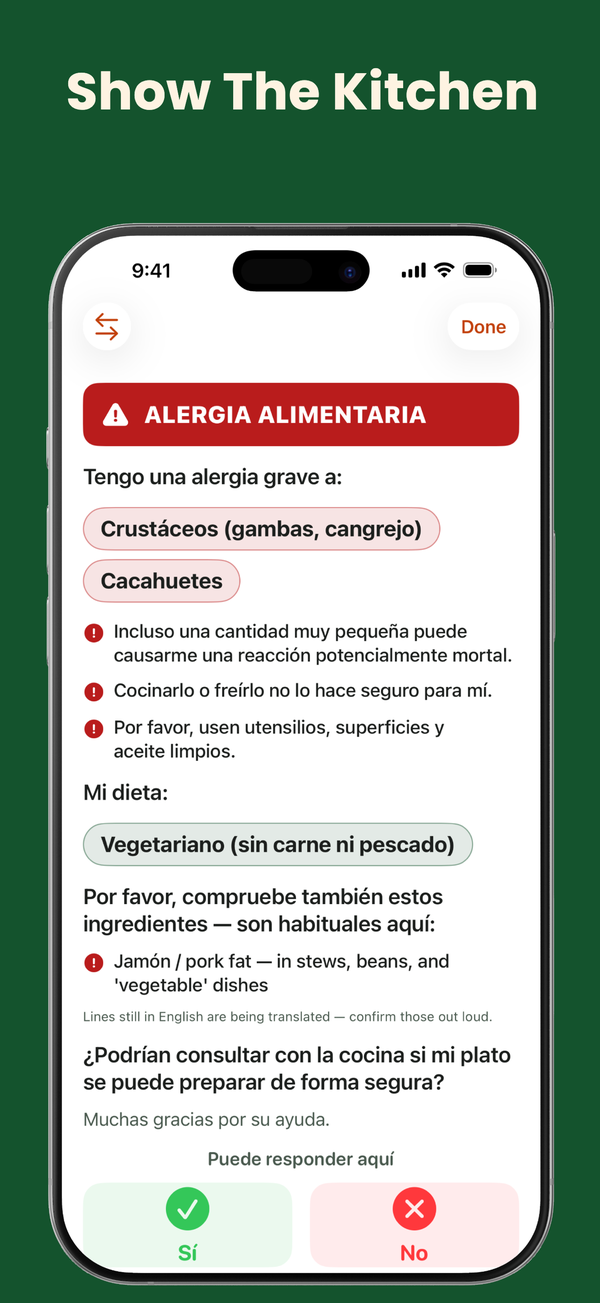 Flunqero’s allergy card on iPhone, captioned “Show The Kitchen”: a full-screen Spanish card listing a severe shellfish and peanut allergy, hidden ingredients to watch for, and Sí / No buttons for staff to answer with.