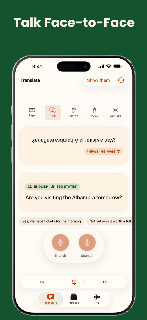 Flunqero’s Talk mode on iPhone, captioned “Talk Face-to-Face”: an English–Spanish conversation with the other person’s line shown upside-down for them to read, and a microphone button for each side.